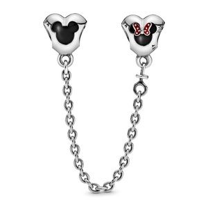 SAFETY CHAIN / New / s925 Sterling Silver Mickey & Minnie Hearts Safety Chain